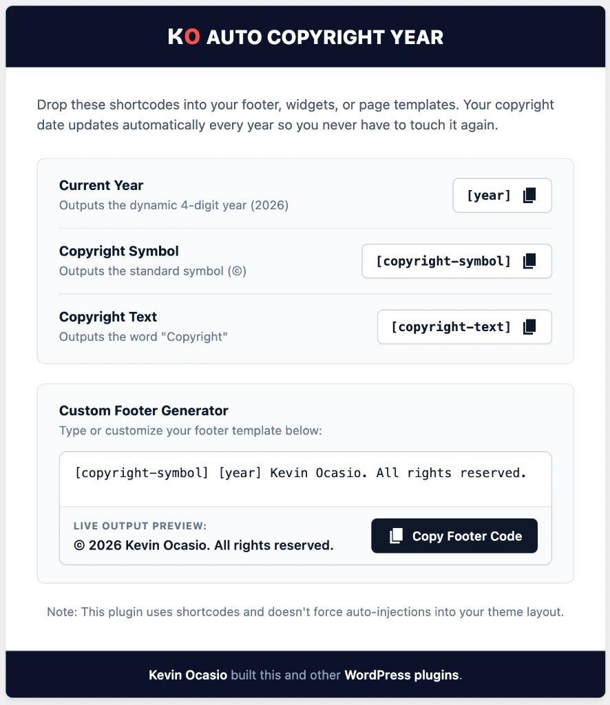 auto copyright year in wordpress dashboard screen