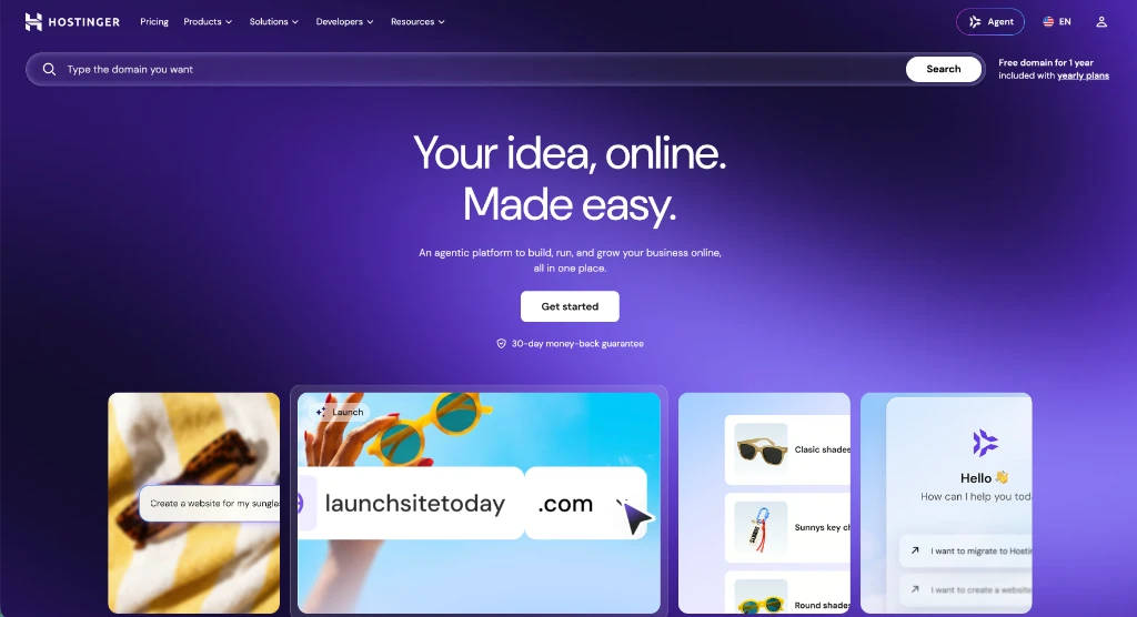 Hostinger homepage showing web hosting and website builder