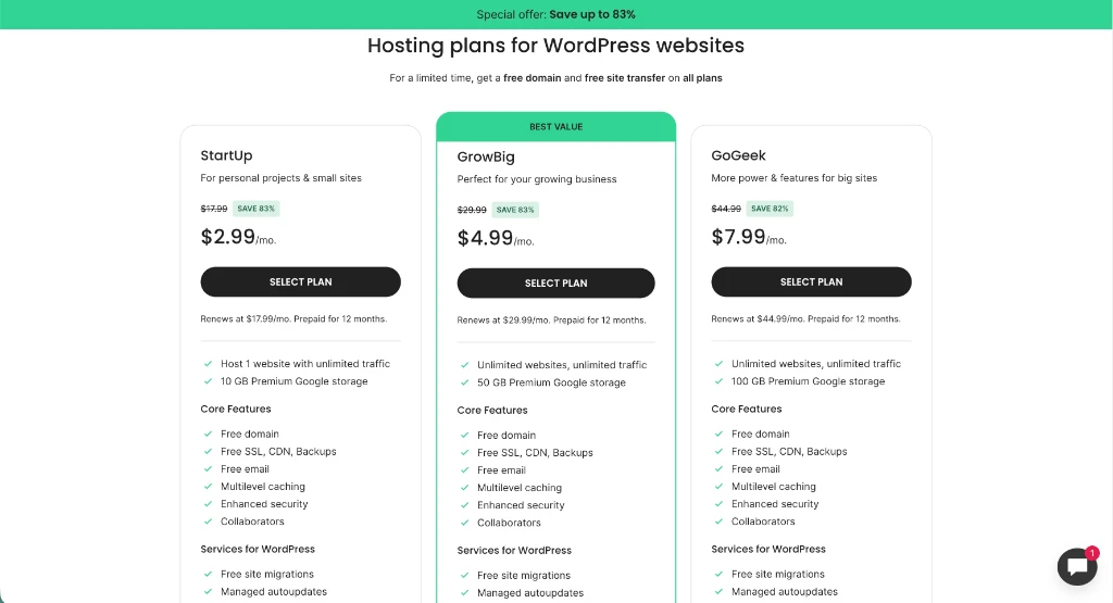 SiteGround web hosting plans and renewal pricing