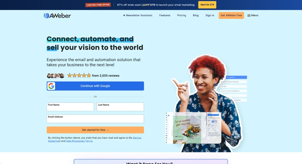 AWeber homepage overview for email newsletters and automations
