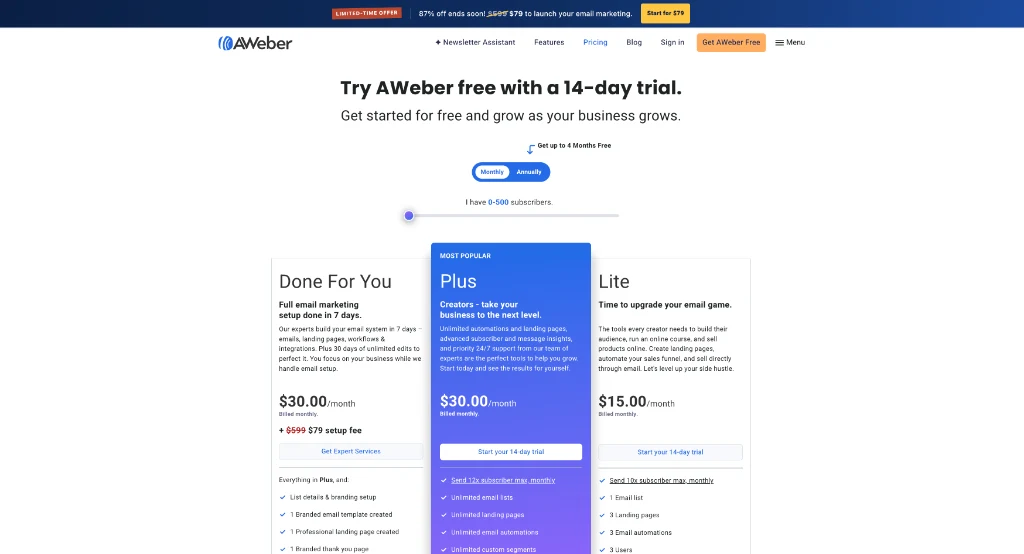 AWeber pricing plans and subscriber tier upgrade options