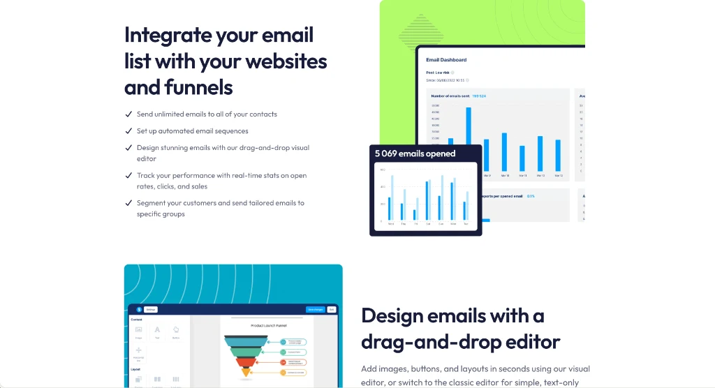 Systeme.io email marketing features and visual drag-and-drop editor