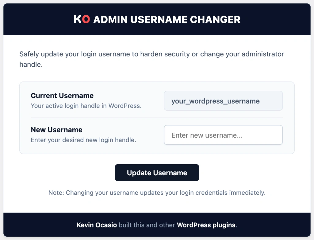change admin username in wordpress dashboard screen