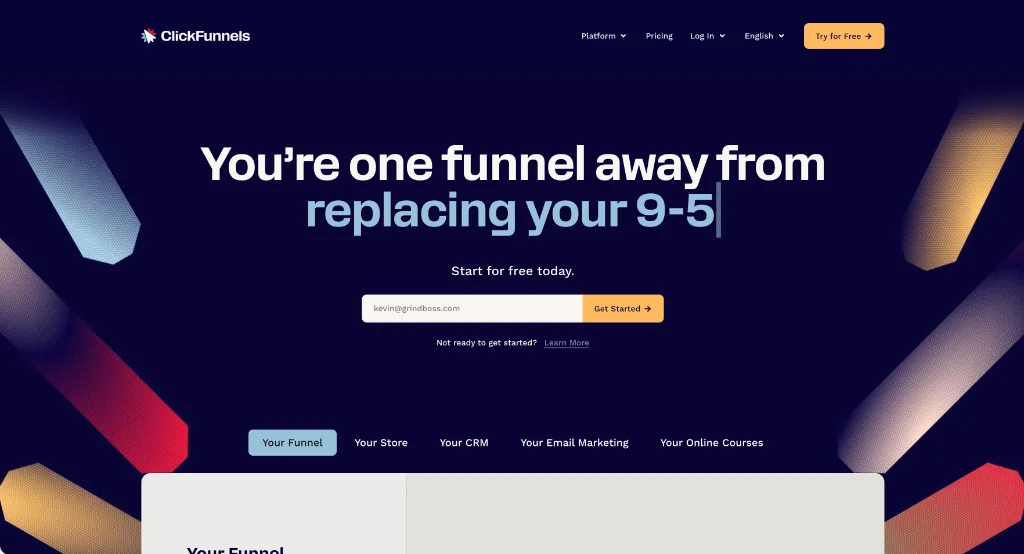 ClickFunnels homepage hero section with funnel and store options