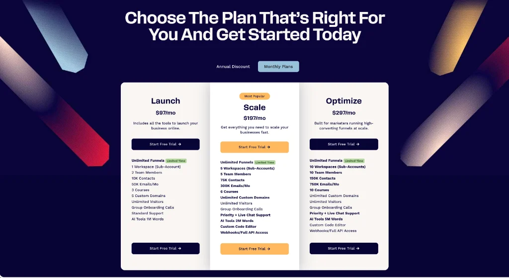 ClickFunnels pricing plans comparison showing Launch Scale and Optimize tiers