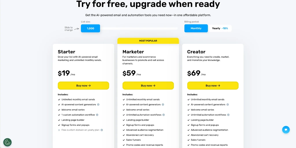 GetResponse pricing plans table showing Starter, Marketer, and Creator tiers