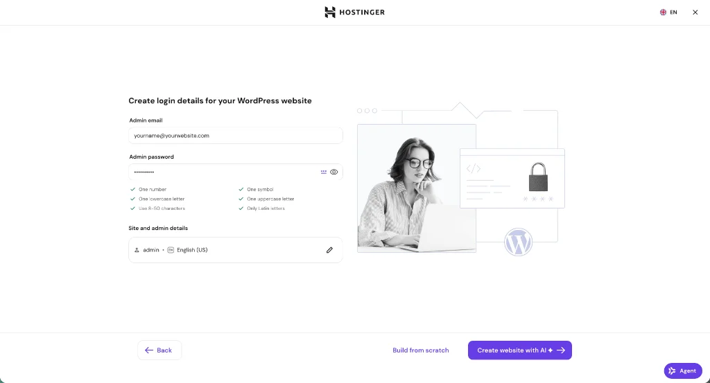 Hostinger WordPress one-click auto-installer setup modal