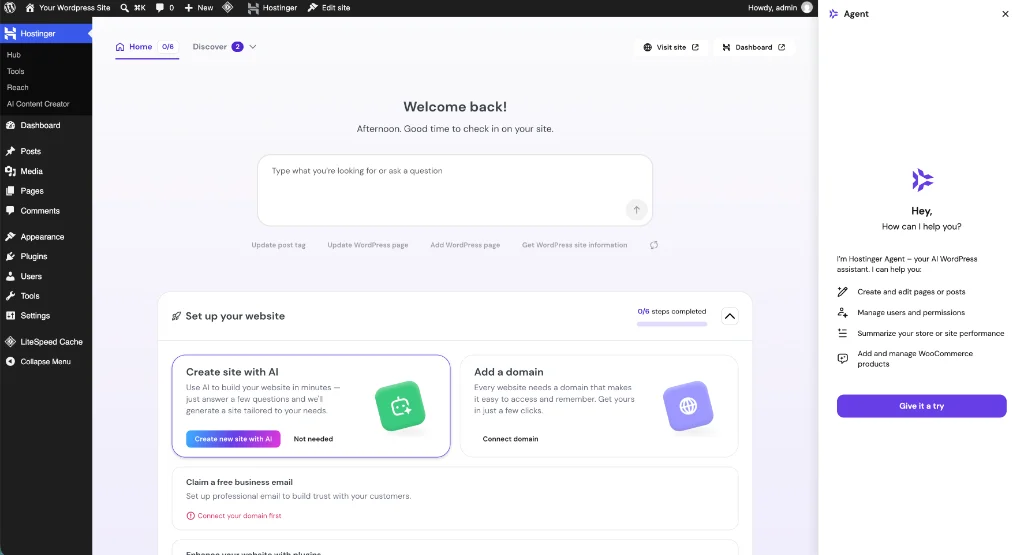 Clean WordPress admin dashboard immediately after completing the Hostinger installation