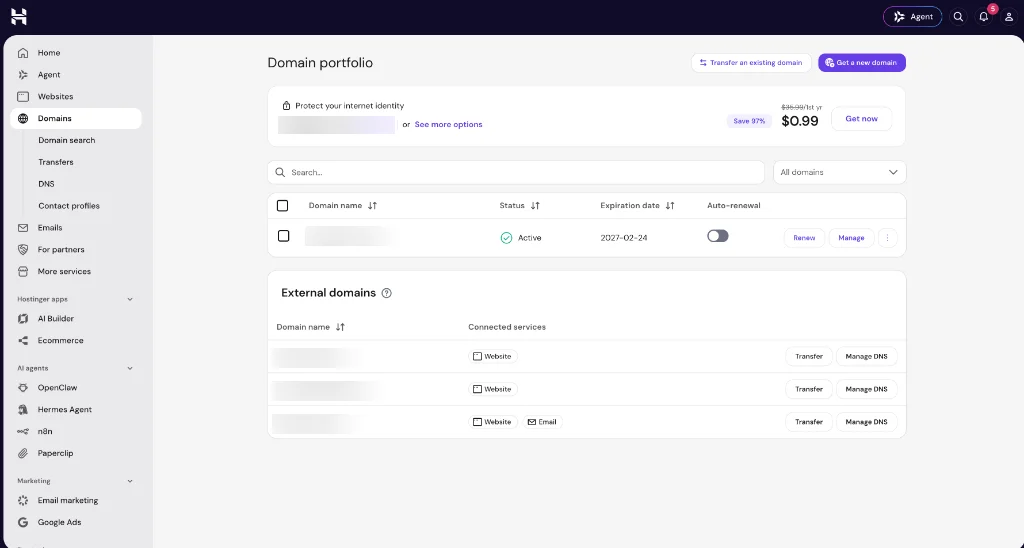 Hostinger domain portfolio screen showing domain management and registration options