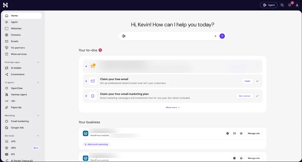 Hostinger hPanel dashboard overview with access to websites, domains, and tools