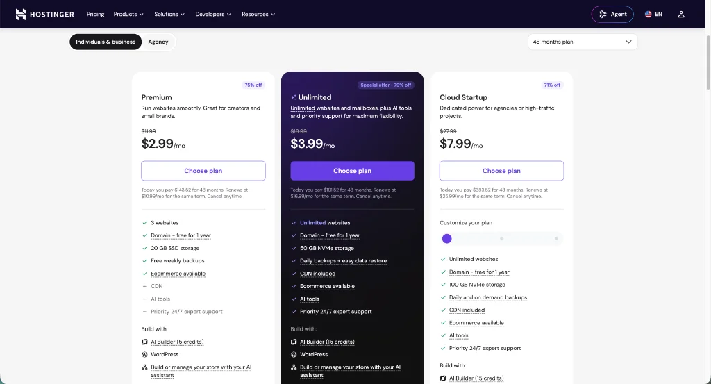 Hostinger hosting plans comparison table for starting a WordPress blog