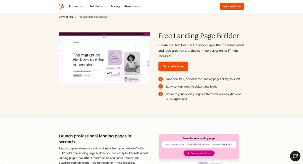 HubSpot free landing page builder interface