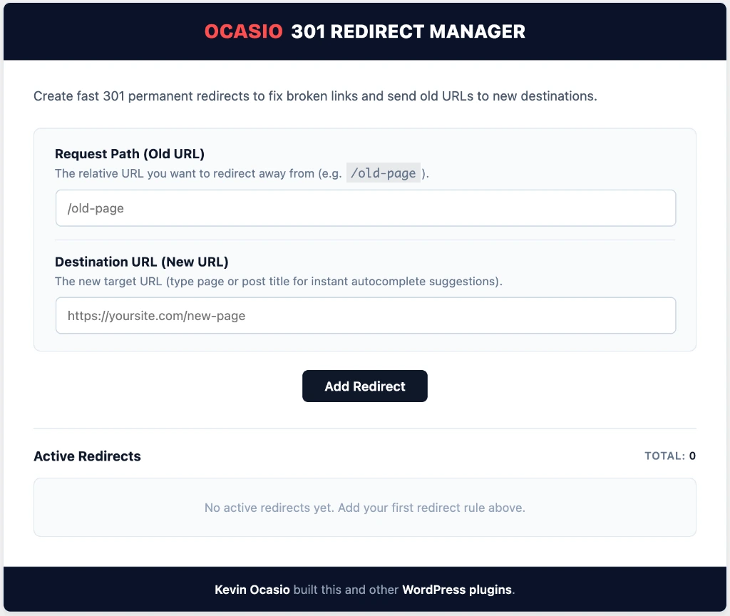Ocasio 301 Redirect Manager WordPress Dashboard Screen