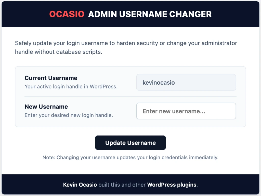 Ocasio Admin Username Changer WordPress Dashboard Screen