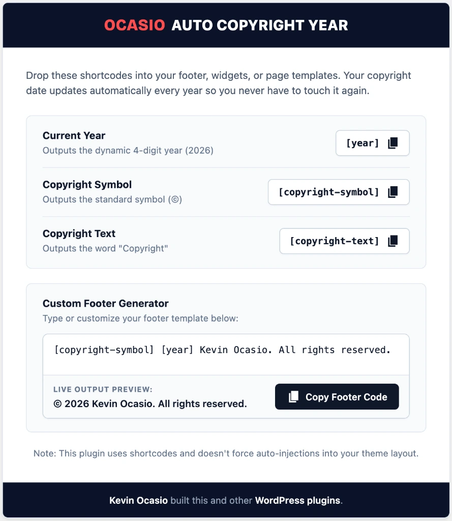 Ocasio Auto Copyright Year WordPress Dashboard Screen
