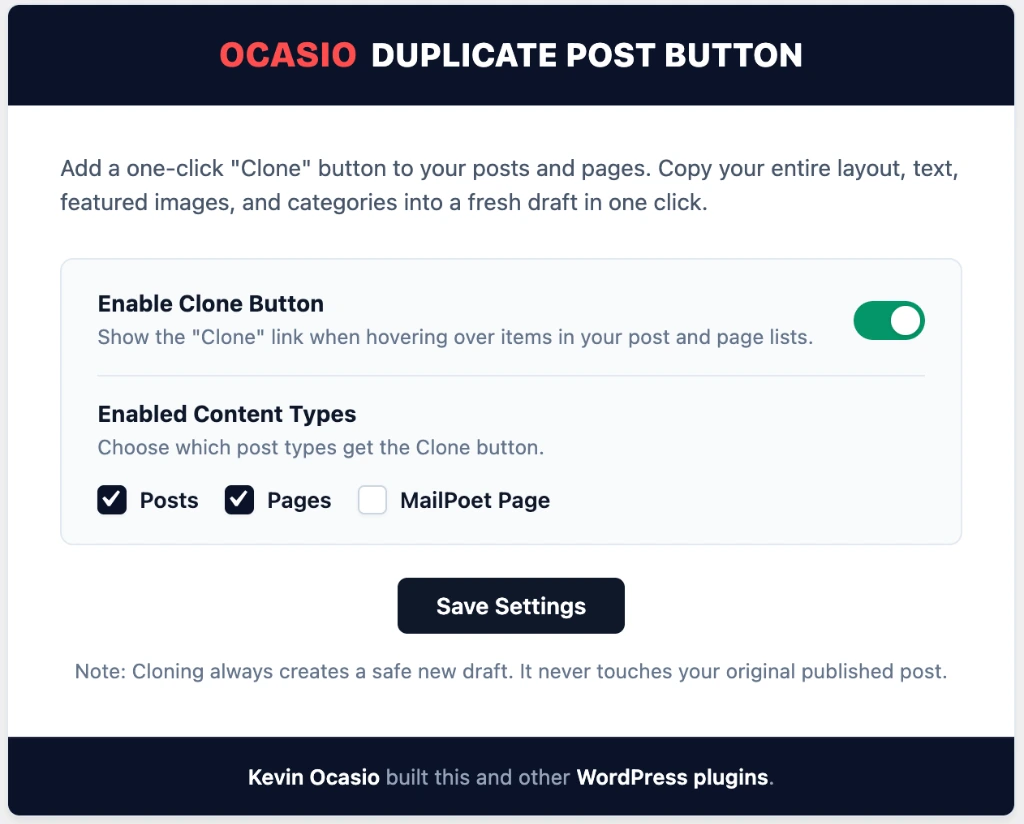 Ocasio Duplicate Post Button WordPress Dashboard Screen