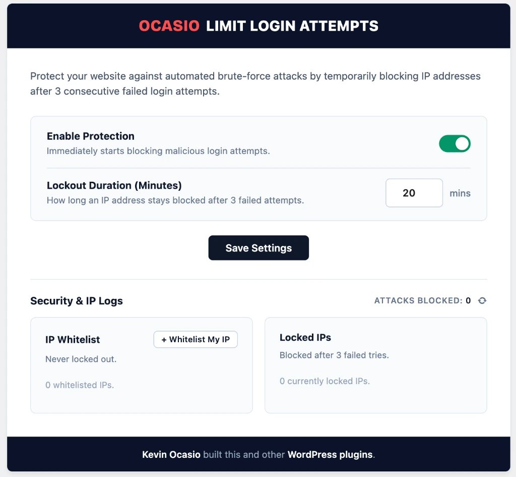 Ocasio Limit Login Attempts WordPress Dashboard Screen