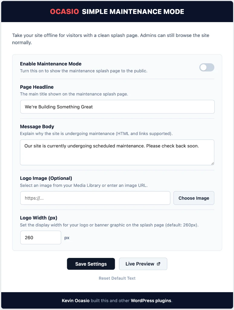simple maintenance mode wordpress dashboard screen