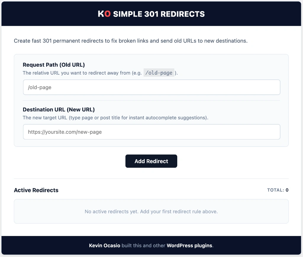 simple 301 redirects wordpress dashboard screen