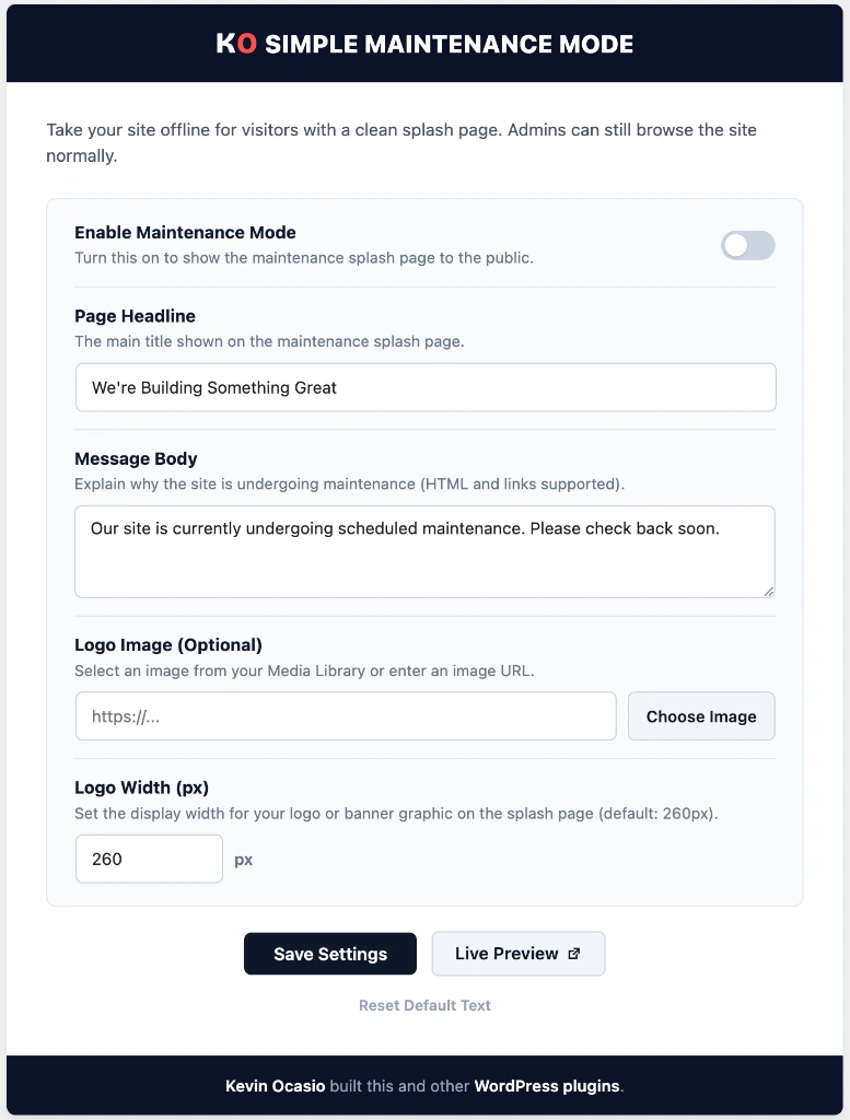 simple maintenance mode wordpress dashboard screen