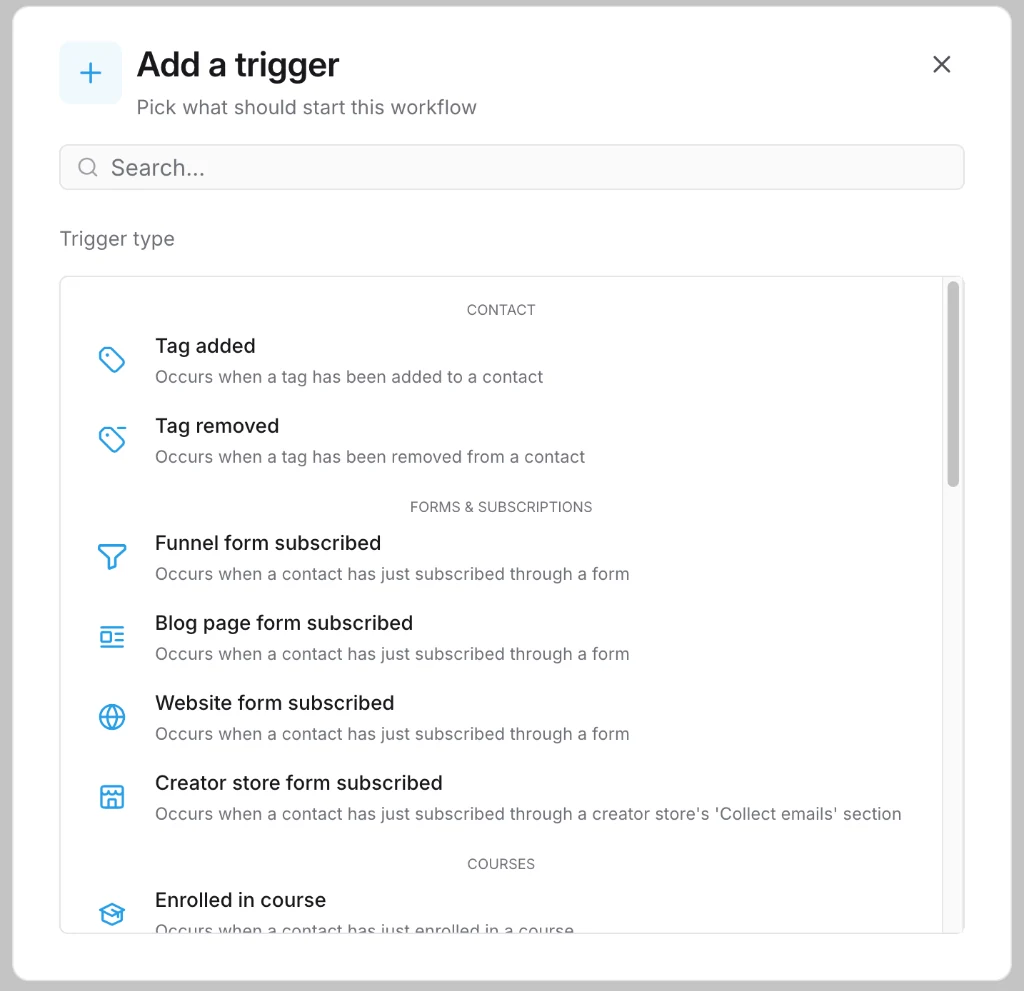 Systeme.io automation workflow trigger setup modal