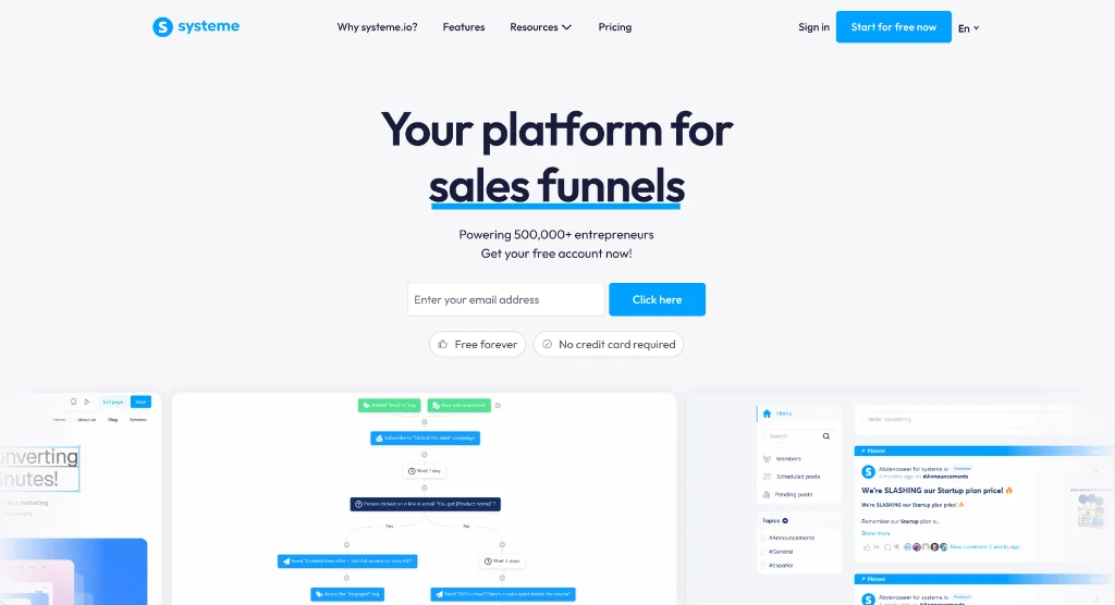 Systeme.io homepage showing free sales funnel builder features