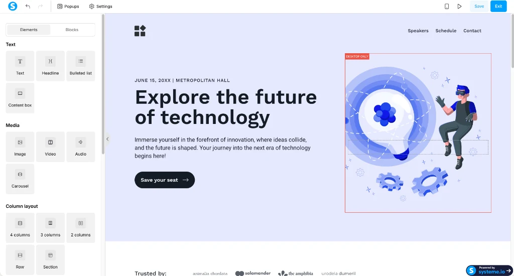 Systeme.io drag-and-drop page builder editor with element controls