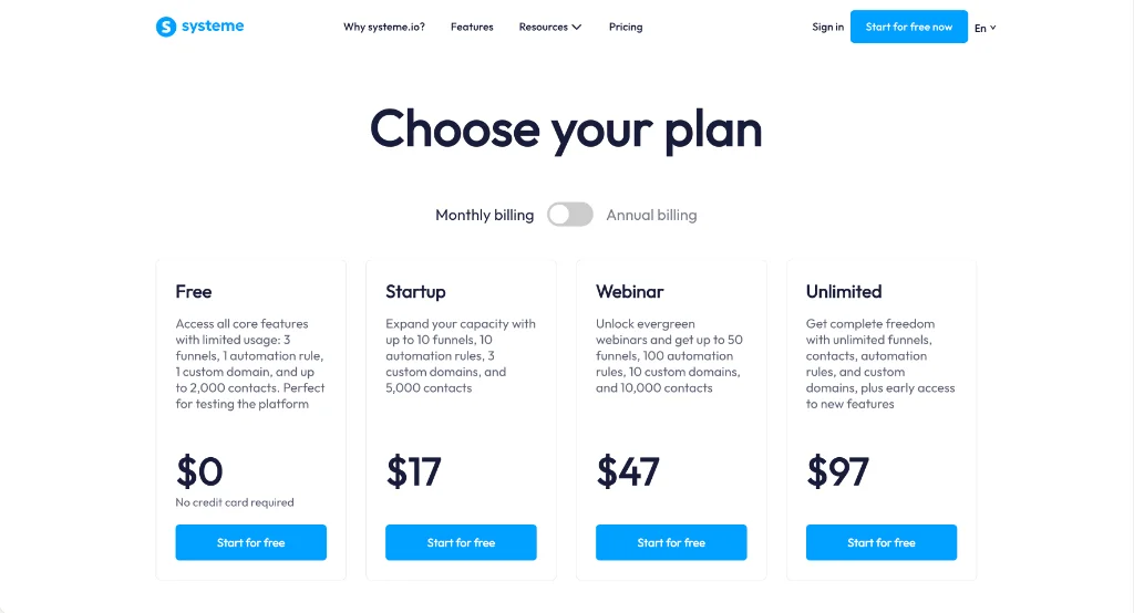 Systeme.io pricing page comparing Free Startup Webinar and Unlimited plans