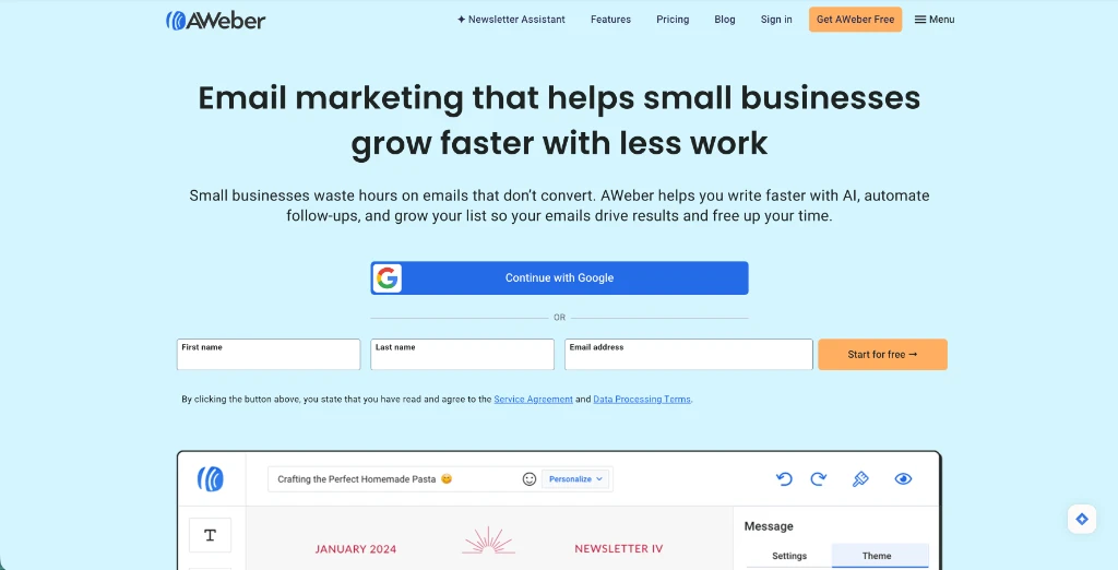 AWeber newsletter draft showing subject line personalization and visual theme styling