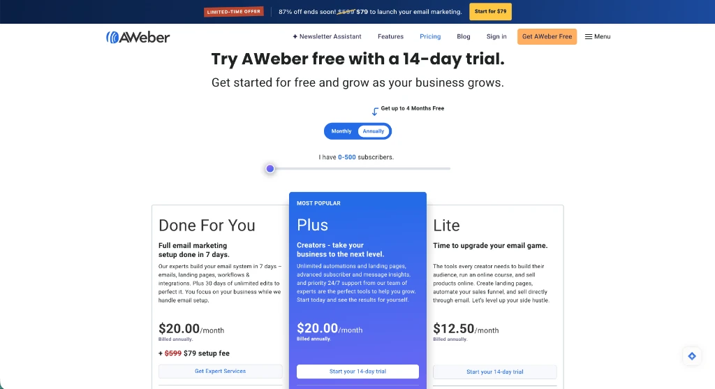 AWeber annual pricing plans showing Lite and Plus tiers for 500 subscribers